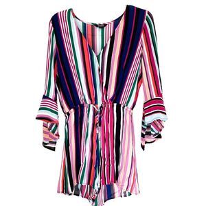 Express Purple Pink Striped V Neck Long Sleeve Romper Playsuit Size Small Chic